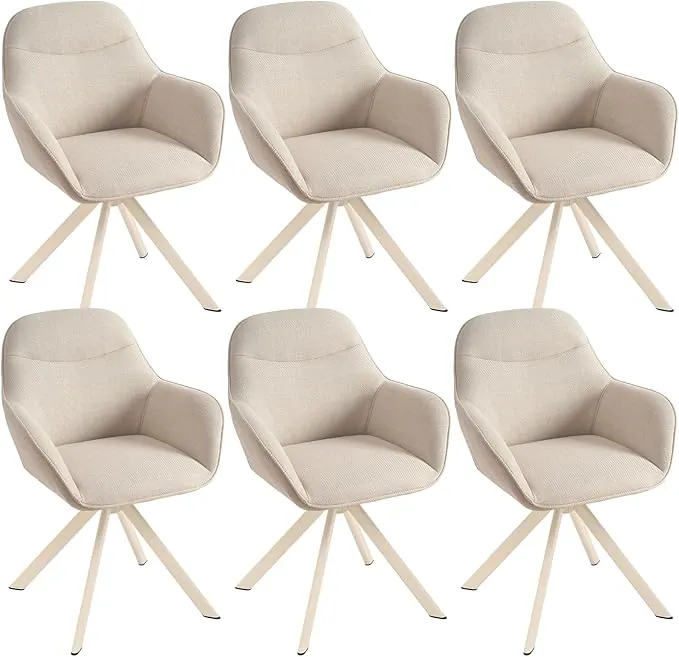 Juego de 6 sillas de Comedor giratorias con reposabrazos, giratorias 360°, tapizadas de Lino, Sillón Moderno de Estilo Nórdico con Patas de Metal para Comedor Salón, Beige