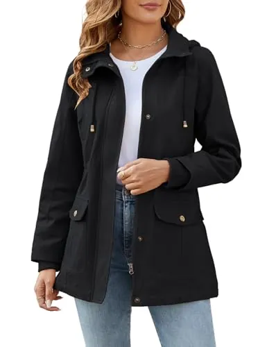 Vancavoo Chaqueta Entretiempo Mujer Algodón con Capucha Desmontable | Abrigo Ligera con Cordón Ajustable en la Cintura, Cremallera y Bolsillos para Primavera y Otoño,Negro,XXL