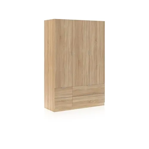 duehome | Armario Ropero 3 Puertas y 4 Cajones, Armario Habitación Dormitorio, Modelo Magan, Medidas: 200 cm (Alto) x 135 cm (Ancho) x 52 cm (Fondo)