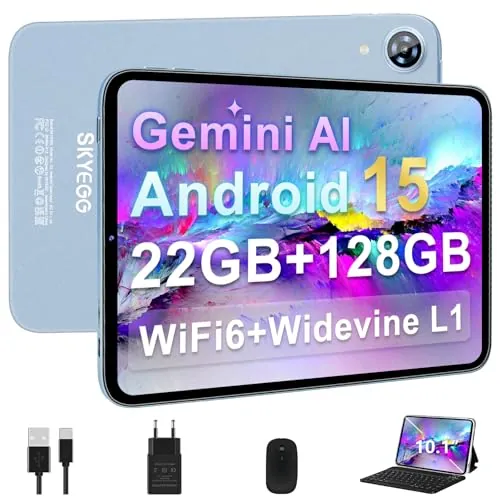 Tablet 10 Pulgadas Android 15 con Gemini AI, con Teclado y Ratón, 22GB RAM + 128GB ROM (Ampliable 2TB), WiFi 6, Widevine L1, 6000mAh, Cuerpo Metálico, Estudio, Trabajo y Entretenimiento – Verde Claro