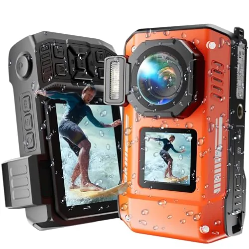 MaxMango D50 33FT Cámara Digital Impermeable, 8K 70MP Cámara Acuática con 16 GB, Cámara de Fotos con 2.88" Doble Pantalla 18x, Resistente al Polvo y a los Golpes, Autofocus - Naranja