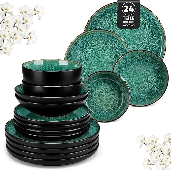 vancasso PLAYA Vajillas Completas 6 Personas, Platos Vajilla 24 Piezas de Gres - 6 Platos Llanos, 6 Platos de Postre, 6 Platos Hondos y 6 Cuencos - Esmaltado Reactivo Verde, Apto para Lavavajillas