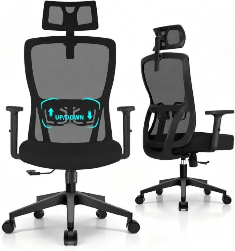 Durrafy Silla de Oficina Ergonómica con Reposacabezas Ajustable, Reposabrazos, Soporte Lumbar, Altura Regulable y Oscilación de 130°, Silla de Escritorio con Capacidad de Carga de 150 kg