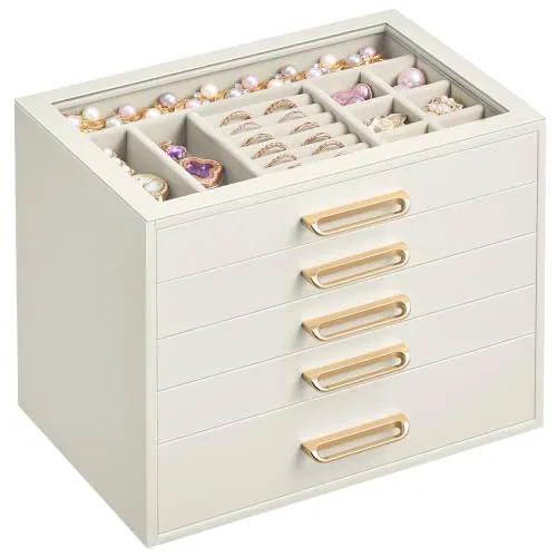 SONGMICS Joyero, Organizador de Joyas con 5 Cajones y Tapa de Cristal