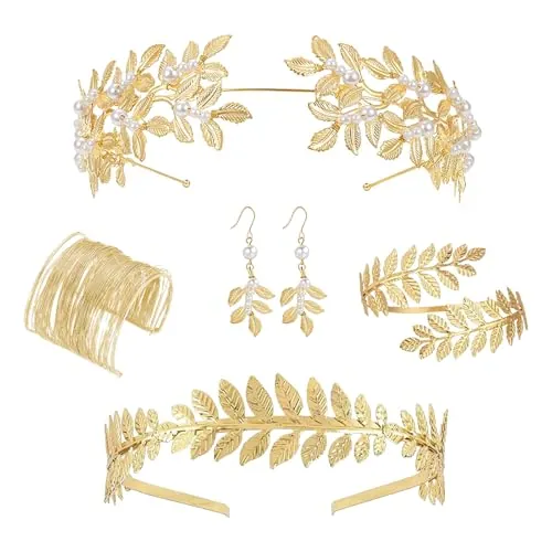 TENGWA Diosa Griega Accesorios 5 Piezas Corona Laurel Romana Bohemio Accesorios Diosa Griega Diadema Pendientes Pulsera Brazalete Ideal para Bodas Toga Party Carnavales y Halloween