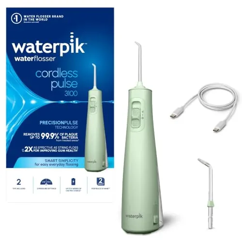 Waterpik Cordless Pulse, Irrigador Dental Eléctrico Portátil, Verde Menta | Portátil y recargable, Eliminación de placa, Para viajar y baños pequeños