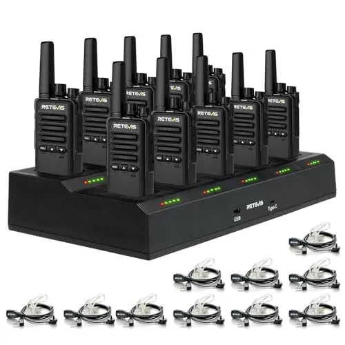 Retevis RT668B Walkie-Talkie, Radio Bidireccional PMR446, USB-C, 16 Canales, Recargable, Ideal para Seguridad, Restaurantes y Almacenes. (con Cargador de 10 vías)