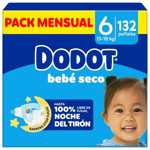 Dodot Pañales Bebé-Seco, Talla 6 (13-18 kg), 132 Pañales + 1 Pack de 10 Toallitas Regalo de Aqua Plastic Free, Una Noche Hasta Un 100% Libre De Fugas, Pack Mensual