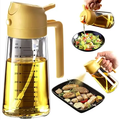 TrendPlain Pulverizador Aceite Spray 470ml - 2 en 1 Spray Aceite Cocina, Dispensadora para Freidora de Aire, Ensaladas, Vinagre y Accesorios Cocina (1 unidad, Amarillo)