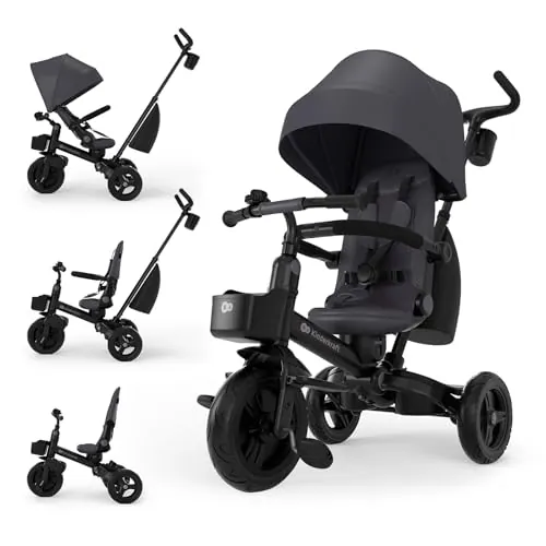 Kinderkraft Aveo 2 Pro Bebé, Plegable, Trike, Bicicleta para Niños, Triciclo Evolutivo, Bicicleta Bebe, con Accesorios Práctico, Dos Cestas, 9 Meses a 25 kg, Gris