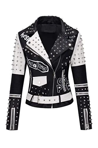 Geschallino Chaquetas para Mujer Cuero de imitación Talla Grande Motociclista Punk Remaches Tachuelas y Grafiti PU Abrigo 0376Plus Negro XL
