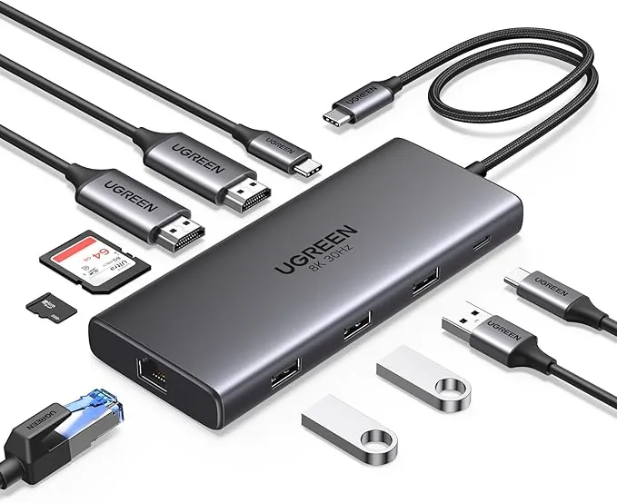 UGREEN Revodok Pro 210 Docking Station USB C 10 En 1 Doble HDMI 8K30Hz 4K60Hz Hub Adaptador Tipo C a Ethernet RJ45 Gigabit PD 100W Lector Tarjeta SD TF Compatible con MacBook Pro Air M4 M3 M2 M1