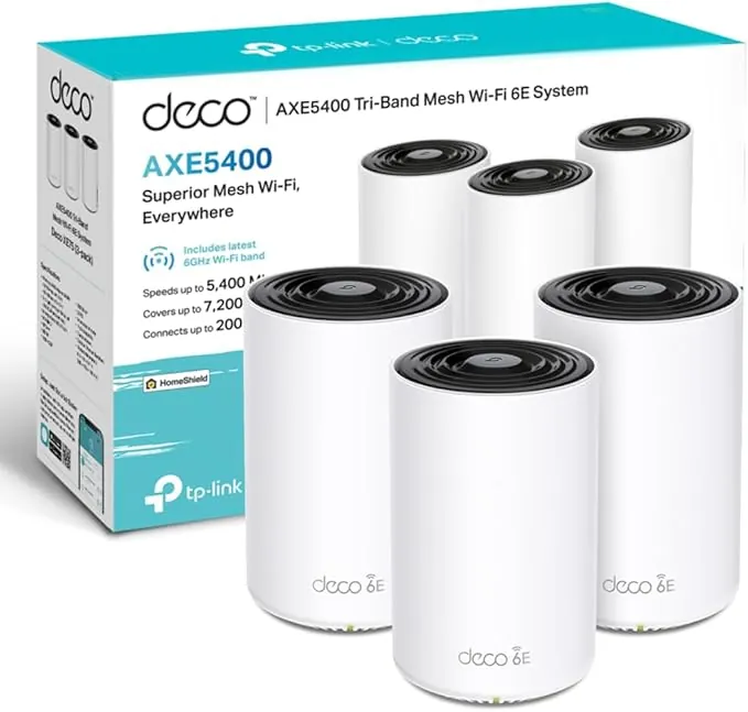 TP-Link Deco XE75 Mesh WLAN Set (Pack de 3), Enrutador y Repetidor Tribanda Wi-Fi 6E AXE5400, 3 Puertos Gigabit para Cada Unidad, para Casas de 4 a 7 Dormitorios, Protección Juvenil Integral, WPA3