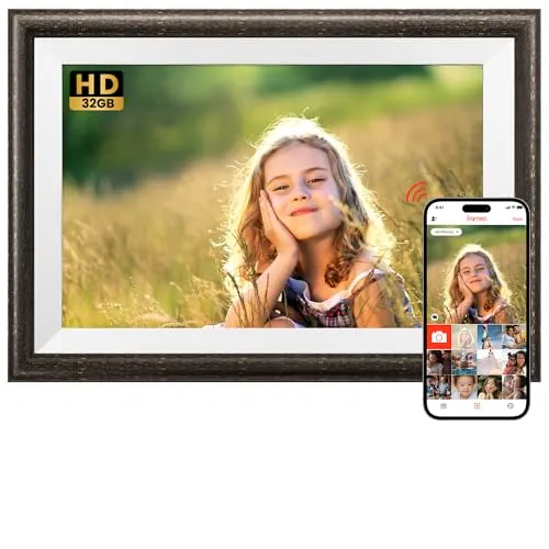 SONVGOO Marco de Fotos Digital WiFi de Madera 32GB, 10.1 Pulgadas Pantalla Táctil IPS HD de 1280x800 Marcos Fotos Digitales, Rotación Auto Marco Digital, Comparta Fotos/Vídeos a través de la Frameo