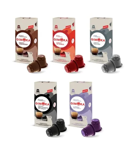 Gimoka kit de degustación 5 Variedades de Café, intensidad varía entre 6 y 13-100 Cápsulas - Compatibles con Máquinas de Café Nespresso* para uso doméstico - Producido en Italia - 10 paquetes de 10