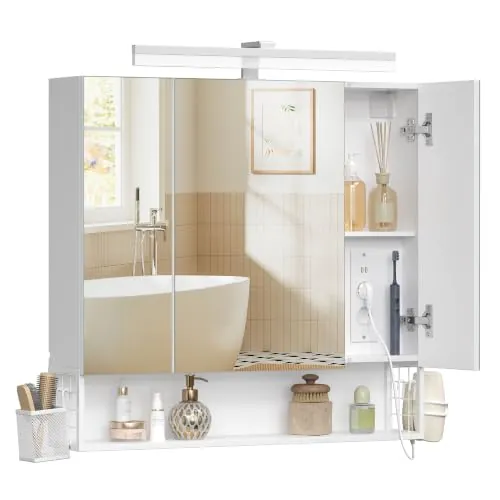 VASAGLE Armario de Baño con Espejo 3 Puertas, Enchufe, Cesta Colgante