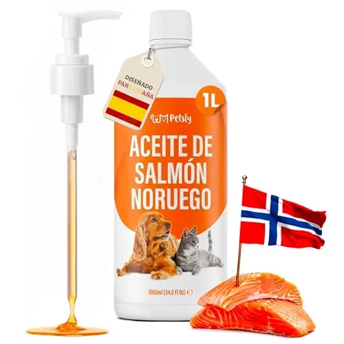 Petsly® Aceite de Salmon Perros y Gatos - 1L - 100% Natural y Puro con Omega 3, 6 y 9-100% Noruego - Pelaje Más Brillante, Mejora la Piel y Fortalece Articulaciones - Aceite Salmon Perros