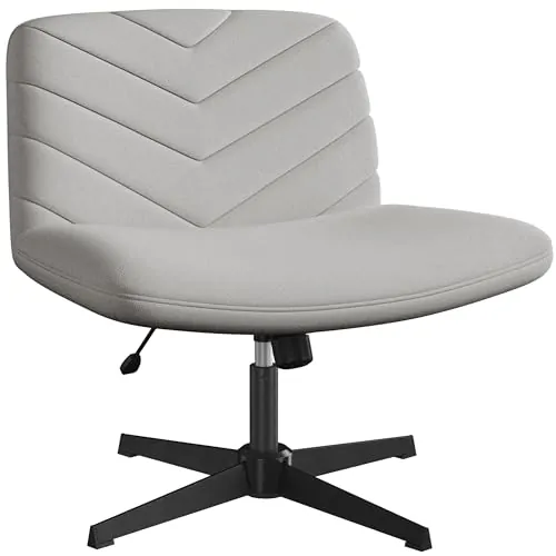 Yaheetech Silla de Oficina sin Ruedas Piernas Cruzadas Asiento Ancho Gris | Tapizada en Tejido Bucle Suave, Diseño sin Reposabrazos, Altura Regulable, Giratoria 360°, Función Mecedora,Silla Maquillaje