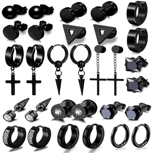 JSTHHTT 15 Pares Pendientes Hombre, Piercing Ear Bisel Redondo, Pendientes Negro para Hombres, Cruz Colgante Set