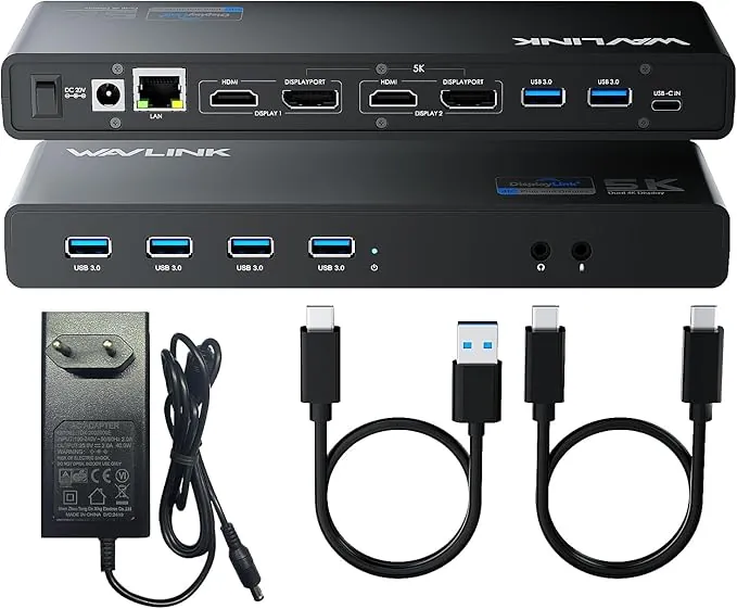 WAVLINK Estación de Acoplamiento Displaylink USB-C Universal con 2 Puertos HDMI y DP, Gigabit Ethernet, 6 Puertos USB 3.0, Audio, micrófono, Compatible con Mac OS y Windows