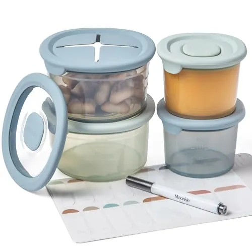 Moonkie Set 4 Tarros Potitos Bebé Silicona (2x120ml + 2x240ml), Herméticos y Sin BPA, Recipientes Comida para Bebés, Aptos para Lavavajillas y Congelador