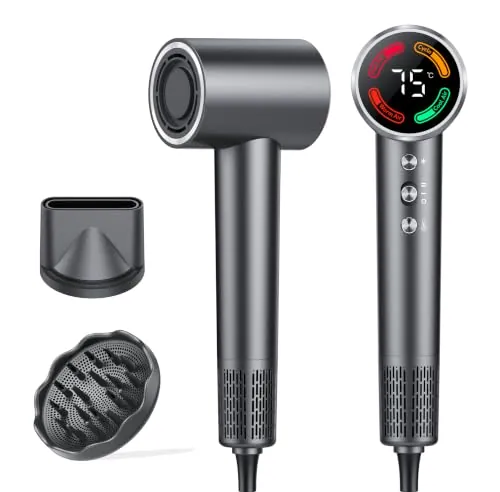 Secador de pelo de alta velocidad, secador de pelo de iones de 160.000 rpm, pantalla LED, secador de pelo de 500 millones de iones negativos, 56 dB de control de temperatura NTC silencioso, secado