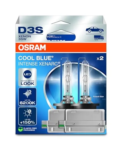 OSRAM XENARC COOL BLUE INTENSE D3S, +150% más de brillo, hasta 6200K, lámpara de faro de xenón, aspecto LED, caja plegable para colgar (2 lámparas)