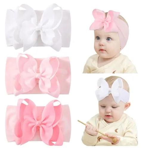3 diademas elásticas de nailon para bebés, accesorios para el cabello para recién nacidos, bebés, niños pequeños y niños rosa y blanco