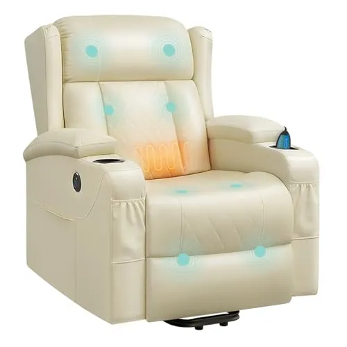 WOLTU Sillón Reclinable Eléctrico, Sillón de Masaje con Ayuda para Levantarse, Sillon Relax con Calefacción de Masaje, Reposapiés, Bolsillos, Portavasos, Puerto USB, PU, Beige, SKS62be