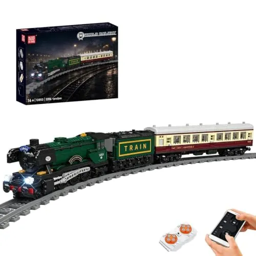 Mould King 12053 Tecnología Locomotora de Vapor Juego de bloques de sujeción, 2206 piezas, tren teledirigido con control por aplicación e iluminación LED, kit de modelado de coche de pasajeros, regalo