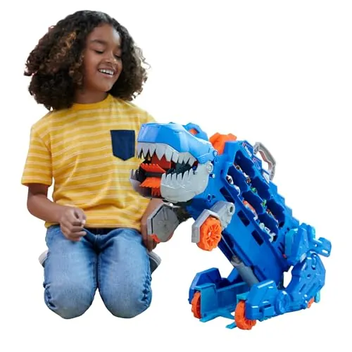 Hot Wheels City “Let's Race - ¡a Correr!” Netflix - Camión T-Rex definitivo Dinosaurio Transporte y Pista para Coches de Juguete, Incluye 2 vehículos, +4 años (Mattel HNG50)