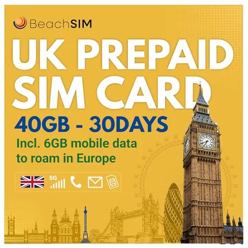 BeachSIM UK SIM Card válida Durante 30 días. 40 GB con número del Reino Unido. La Tarjeta SIM anónima Que Funciona en más de 70 países.