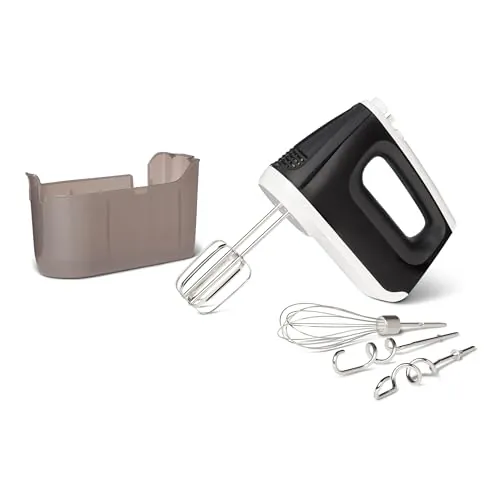 Amazon Basics Batidora de mano eléctrica, 6 velocidades con turbo, caja de almacenamiento a presión, 400 vatios, Mediano, color negro