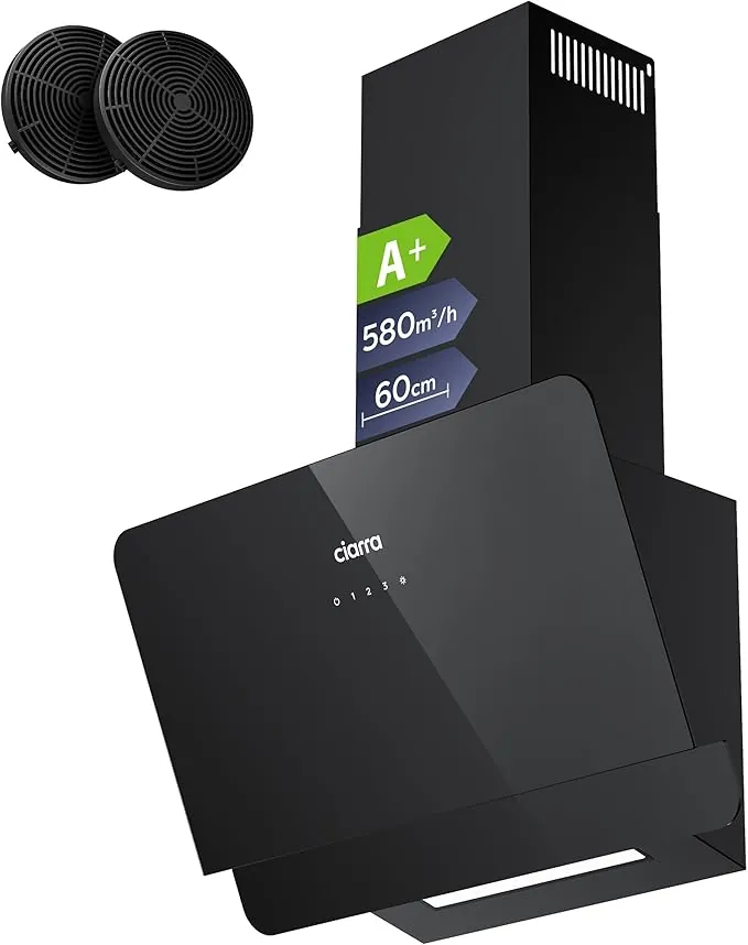 Ciarra CBCB6765C Clase A+ Campana de Pared Inclinada 60 cm 580 m³/h - 3 Velocidades - Modo Reciclaje o Evacuación - Filtro de Carbón CBCF055 Incluido - Control Táctil - Panel de Cristal Negro