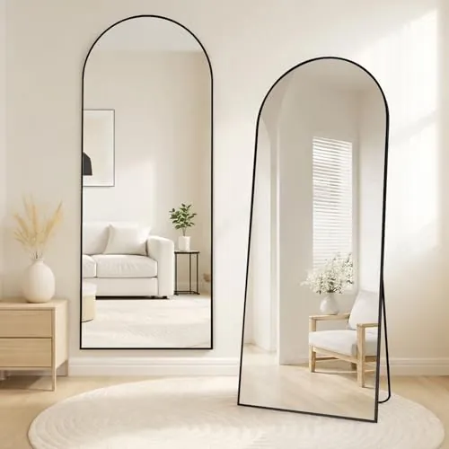 Vortisys 165 x 60 cm Espejo de Cuerpo Entero, Cristal Templado, Espejo Arqueado con Soporte, Marco de Aleación de Aluminio, para Dormitorio, Salón, Vestuario
