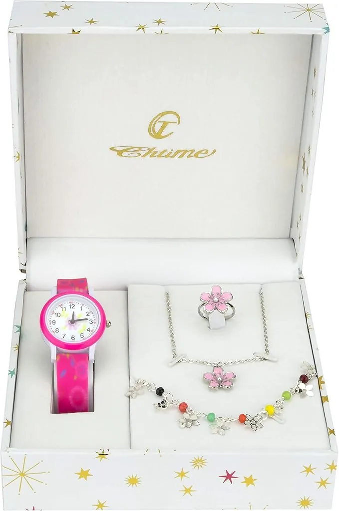 Caja de Regalo Reloj Chico Rosa- Juegos de Joyas Margarita - Collar-Anillo- Pulsera