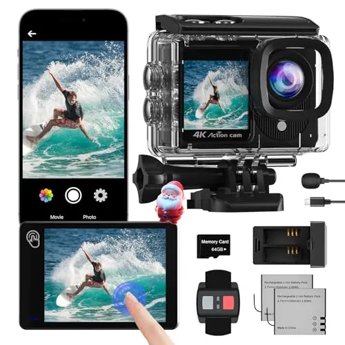 Camlance 4K60FPS Cámara Deportiva con Pantalla Táctil,48MP con 64GB WiFi Camara Acuatica,40M Cámara Subacuática,EIS 170° Camara Acción con Mando, Micrófono y 2 Baterías.