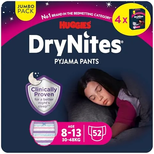 Huggies DryNites Pañales de Noche para Niña 8-13 (30-48 kg), Clínicamente Probado con 5 Capas de Máxima Protección Nocturna, 4 Packs de 13, Total 52 Bragas Absorbentes