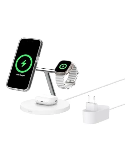 Belkin BoostCharge Cargador Qi2 3 en 1, Estación de Carga Inalámbrica con MagSafe, Base de Carga Qi2 para iPhone 17, Air, Pixelsnap, Apple Watch, AirPods, Fuente de alimentación - Blanco