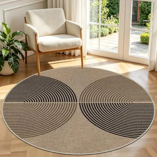 Capslpad Alfombra para salón, redonda, 120 x 120 cm, aspecto de yute, alfombra de cocina, redonda, lavable, antideslizante, para salón, dormitorio, oficina, color negro y marrón