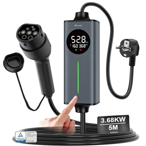 GONEO Cargador Coche electrico Tipo 2 schuko monofásico 16A 3,68kw 5M | Sensor de Temperatura y Tierra detección | AC 30mA+DC 6mA Protección | Tiempo y Corriente Ajustables,estación de Carga portátil