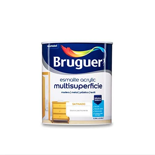 Bruguer Acrylic Multisuperficie Esmalte al agua Satinado - Pintura 750 mL, Blanco Permanente
