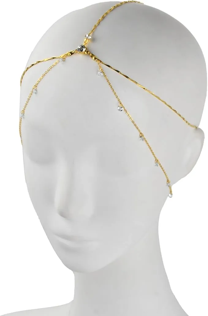 Diadema con borlas de lentejuelas, tocado de cadena para la cabeza de novia, tocado de cristal bohemio dorado, cadena para la cabeza bohemia con colgante vintage (01, 1)