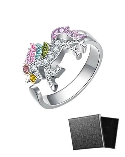 LEEQBCR 1 pieza Anillo de unicornio arcoíris con apertura de diamantes de imitación, ajustable, diseño de unicornio para niñas(plata)