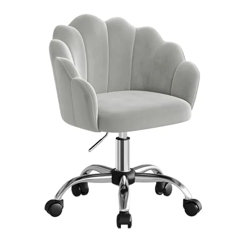 WOLTU Silla de Tocador Terciopelo con Respaldo de Petalos, Silla Giratoria con Ruedas, Ergonómica para Maquillaje, Patas de Metal, Gris Claro