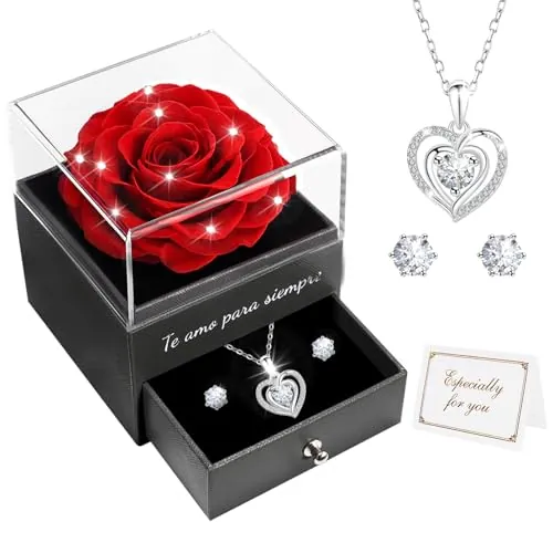 Miofula Rosa Eterna Regalos Originales para Mujer,Flores Preservadas Caja de Regalo con Collar y Aretes,Regalo Aniversario Pareja,Regalo Mujer Cumpleaños,Regalo Mama Novia Dia de la Madre San Valentin