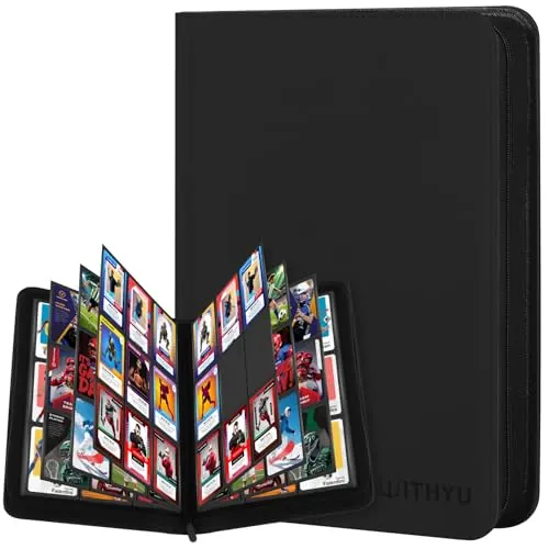 WITHYU Álbum de Colección de Cartas 9 Bolsillos, Capacidad para 540 Cartas - Carpeta Impermeable para Cartas con Carga Lateral y Cremallera para TCG, Fútbol y Coleccionables, Portátil (Negro)