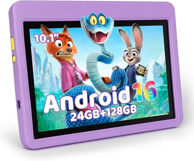 Tablet para Niños 10 Pulgadas, Tablet Infantil Android 16 Cinco Núcleos, 24GB RAM 128GB ROM, Pantalla IPS HD 1280×800, Batería 6000mAh, Control Parental, WiFi 6 Bluetooth (Morado)