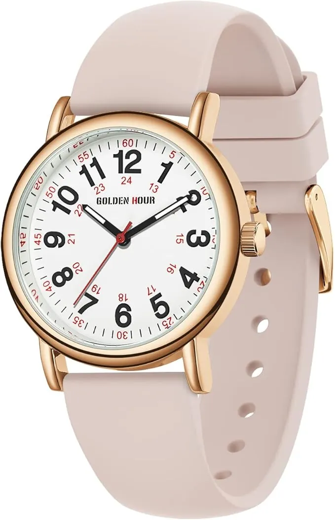 GOLDEN HOUR Reloj de Enfermera Impermeable para Profesionales Médicos, Estudiantes, Mujeres y Hombres, Esfera Luminouse Fácil de Leer, 24 Horas con Segunda Mano, Correa de Silicona