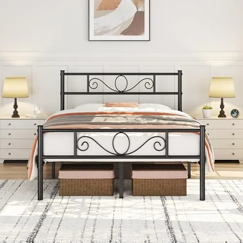 Yaheetech Cama Doble con Cabecera 135x190 cm Estructura Metal Negro